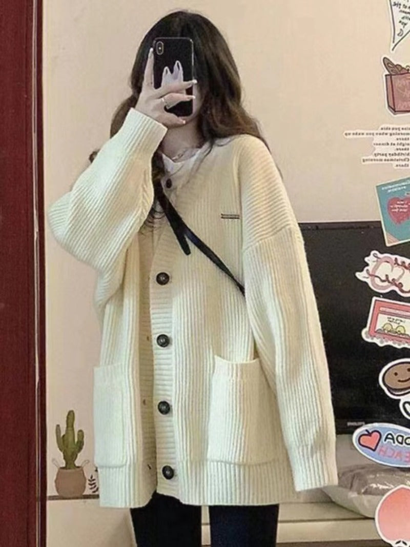 Autumn Winter Women Cardigan Sweater Coats Fashion Female Long Sleeve V-neck Loose Knitted Jackets Casual Sweater Cardigans - Tasawoq