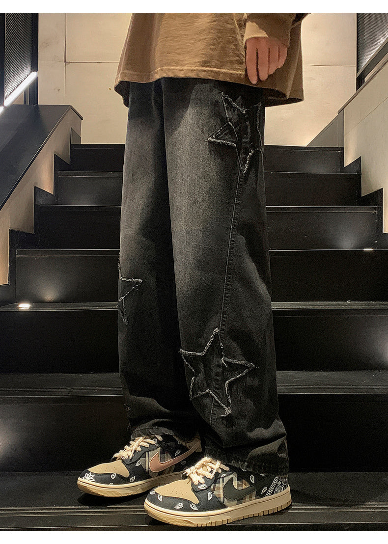 Star Embroidery Straight Casual Men Jeans Gothic Neutral New Wide Leg Loose Hip-hop Fashion Youth Streetwear Denim Trousers Y2K - Tasawoq