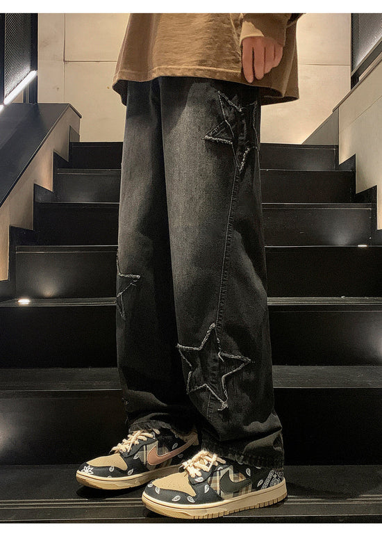 Star Embroidery Straight Casual Men Jeans Gothic Neutral New Wide Leg Loose Hip-hop Fashion Youth Streetwear Denim Trousers Y2K - Tasawoq