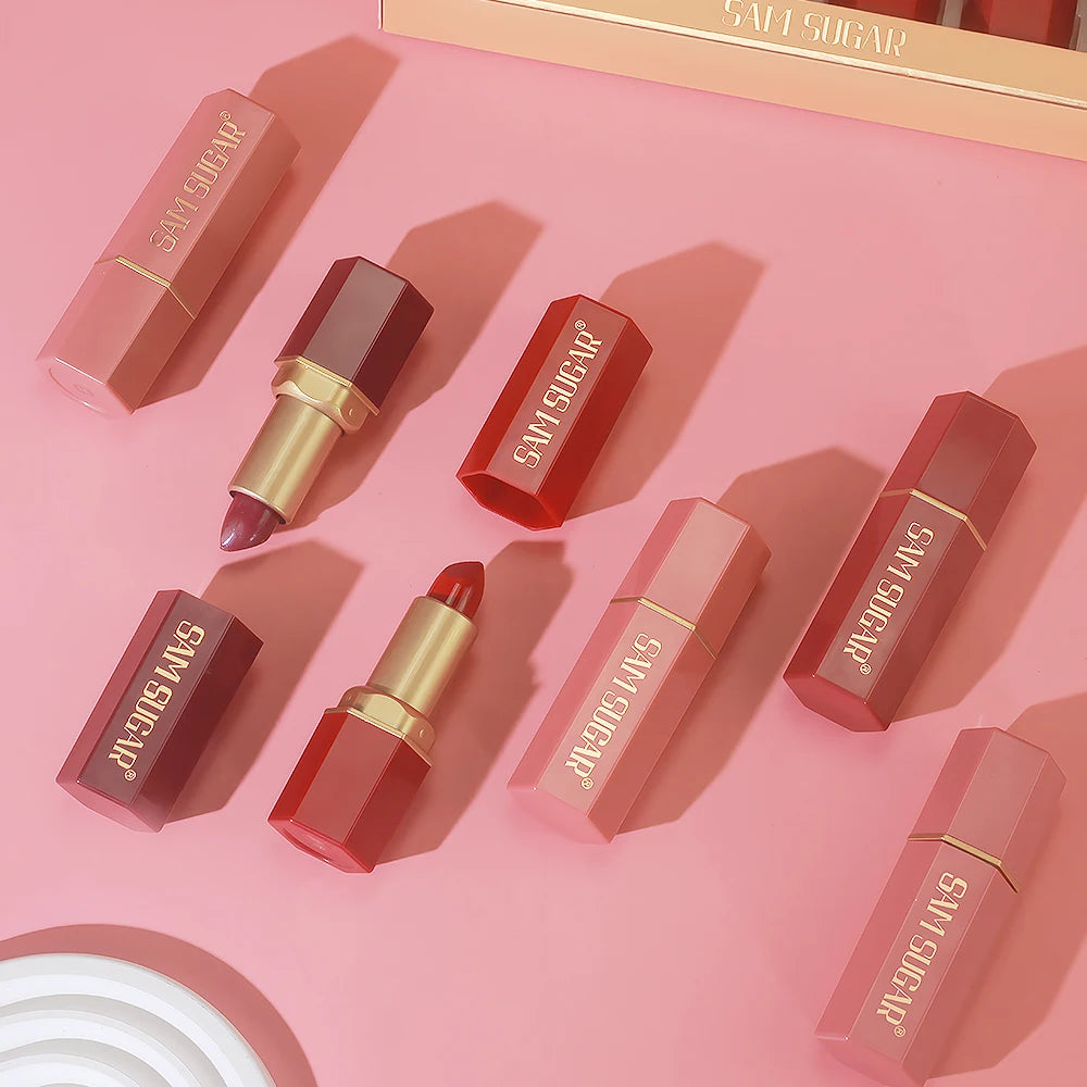 6 Colors Gold Bar Tube Lipstick Matte Texture Pearlescent Glitter Velvet Lipstick Valentine's Day Gift 6PCS - Tasawoq