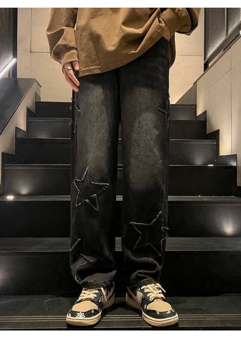 Star Embroidery Straight Casual Men Jeans Gothic Neutral New Wide Leg Loose Hip-hop Fashion Youth Streetwear Denim Trousers Y2K - Tasawoq
