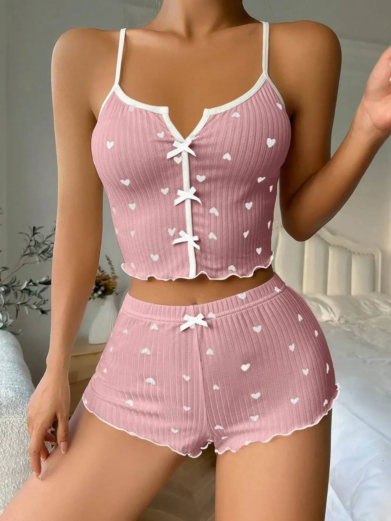 Sleepwear Women Pajamas Set Heart Print Soft Ribbed Fabric with Flirty Frill Trim Casual Cami Top and Shorts Sets Loungewear - Tasawoq