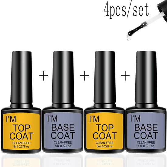Nail Art Kit With 4 Pcs/Set Base Coat And Top Coat LED Light Curing Quick-drying Transparent Glossy Mirror Lasting Nail Art Gel - Tasawoq