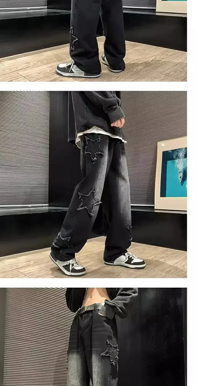 Stars Patchwork Men Jeans New Fashion Y2K Tassel Pants Korea Clothes Straight Hip Hop Splicing Trousers Male Streetwear - Tasawoq
