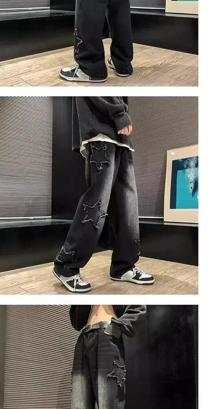 Stars Patchwork Men Jeans New Fashion Y2K Tassel Pants Korea Clothes Straight Hip Hop Splicing Trousers Male Streetwear - Tasawoq