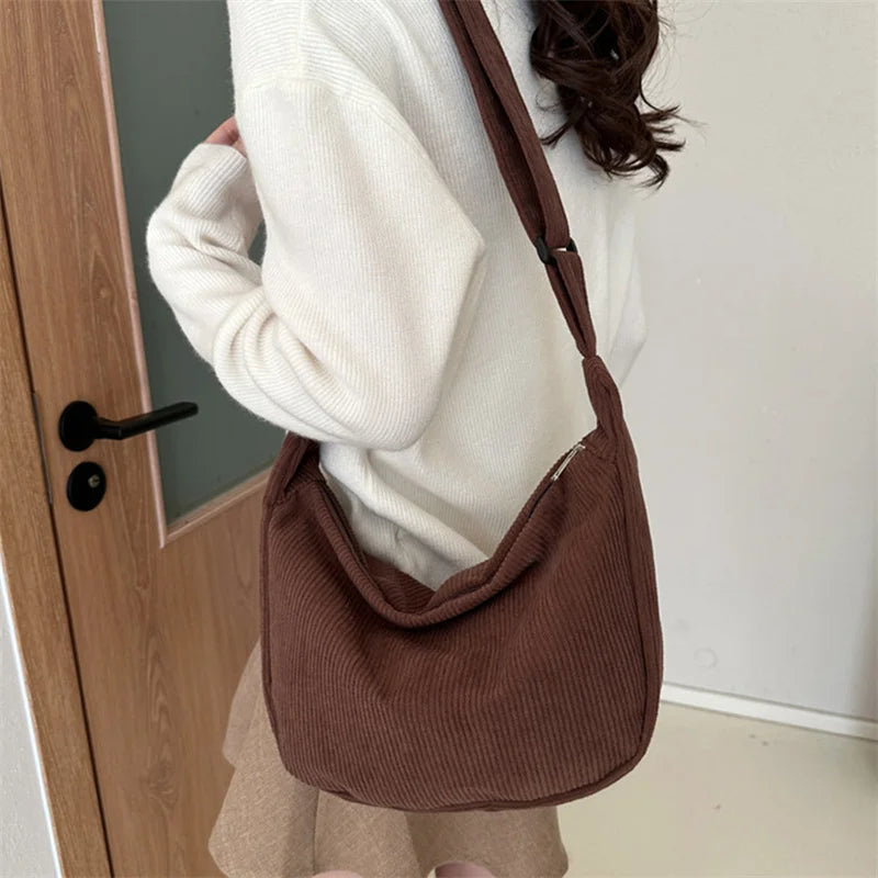 Corduroy Shoulder Bag Minimalist Crossbody Bag Women's Handbags Fashion Fabric Underarm Bag Solid Color Zipper Female Handbag - Tasawoq