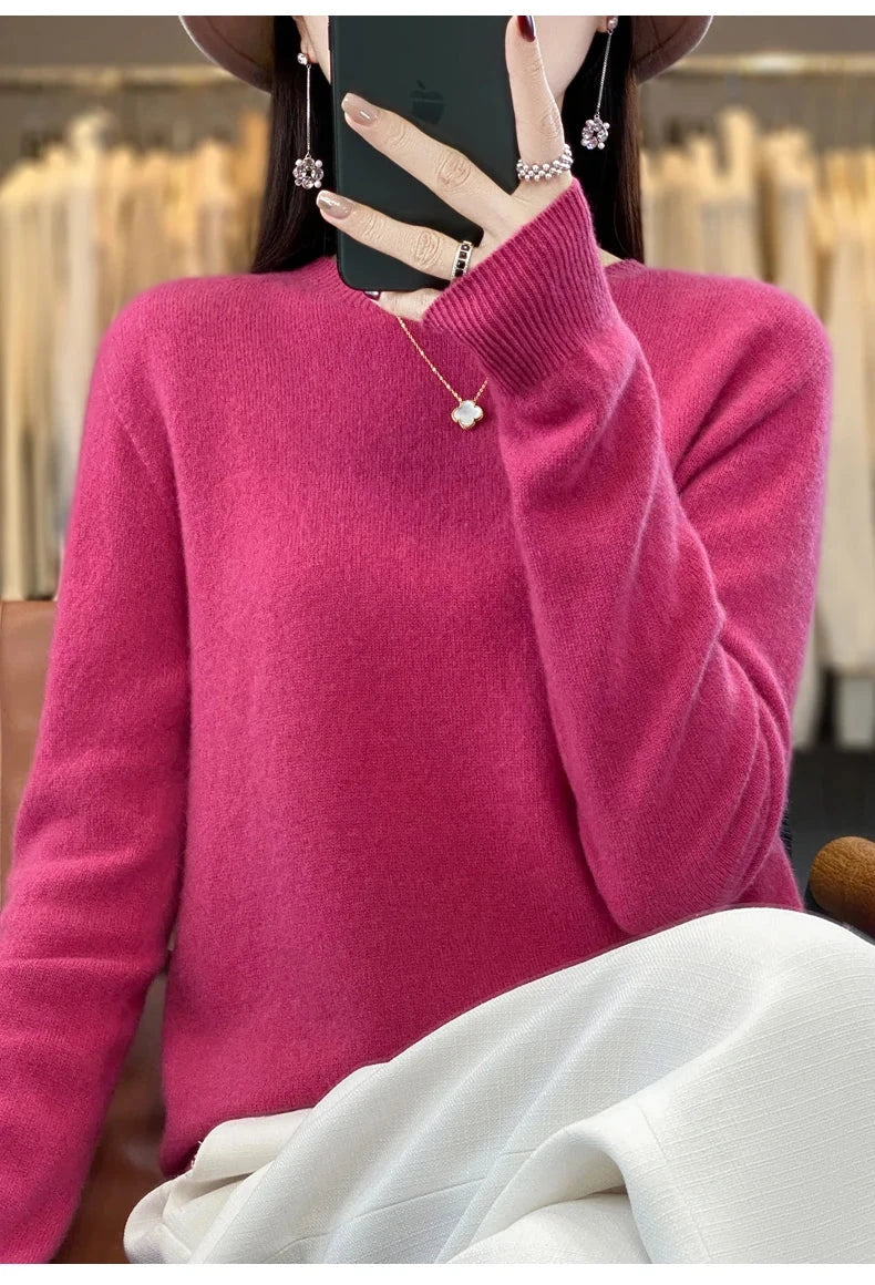 Women's 100% Beautiful Wool Round Neck Top Fashion Versatile Knitted Loose Long Sleeve Pullover Thin Sweater Yuan Ling - Tasawoq
