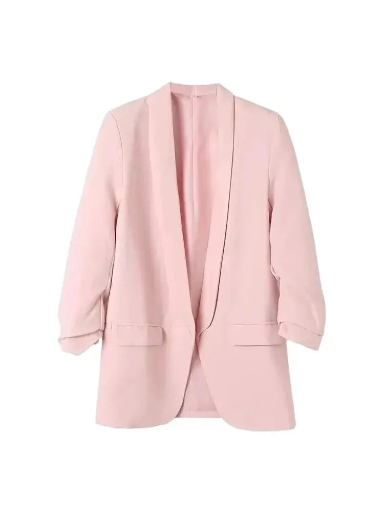 TRZA Women Fashion Office Wear Open Blazer Coat Vintage Long Pleated Sleeves Flap Pockets Female Outerwear Chic Tops - Tasawoq