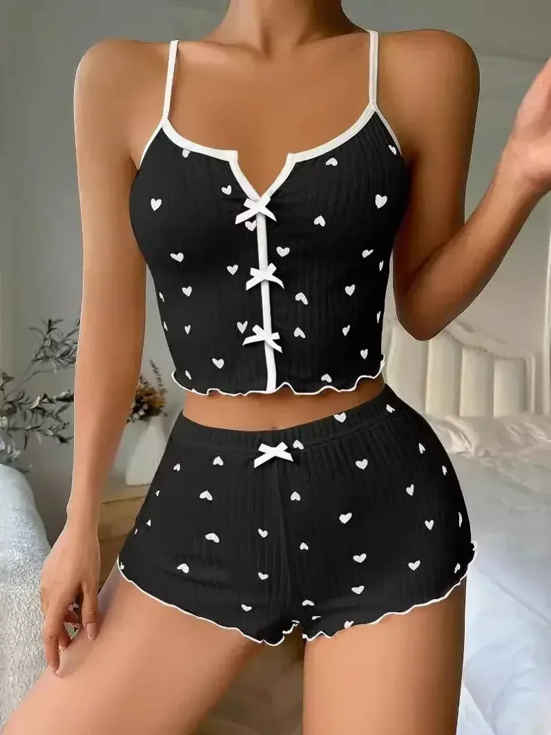 Sleepwear Women Pajamas Set Heart Print Soft Ribbed Fabric with Flirty Frill Trim Casual Cami Top and Shorts Sets Loungewear - Tasawoq