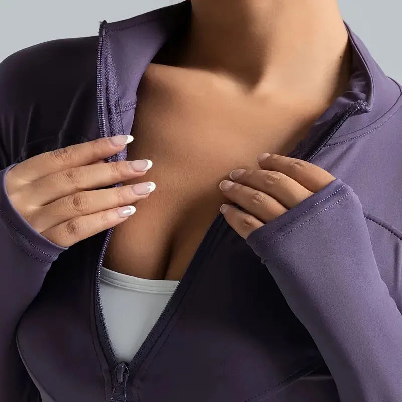 Women's Zip-Up Running Jacket Lightweight Stretchy Running Track Jacket with Thumb Holes, High Neck, Breathable Yoga Sportwear - Tasawoq