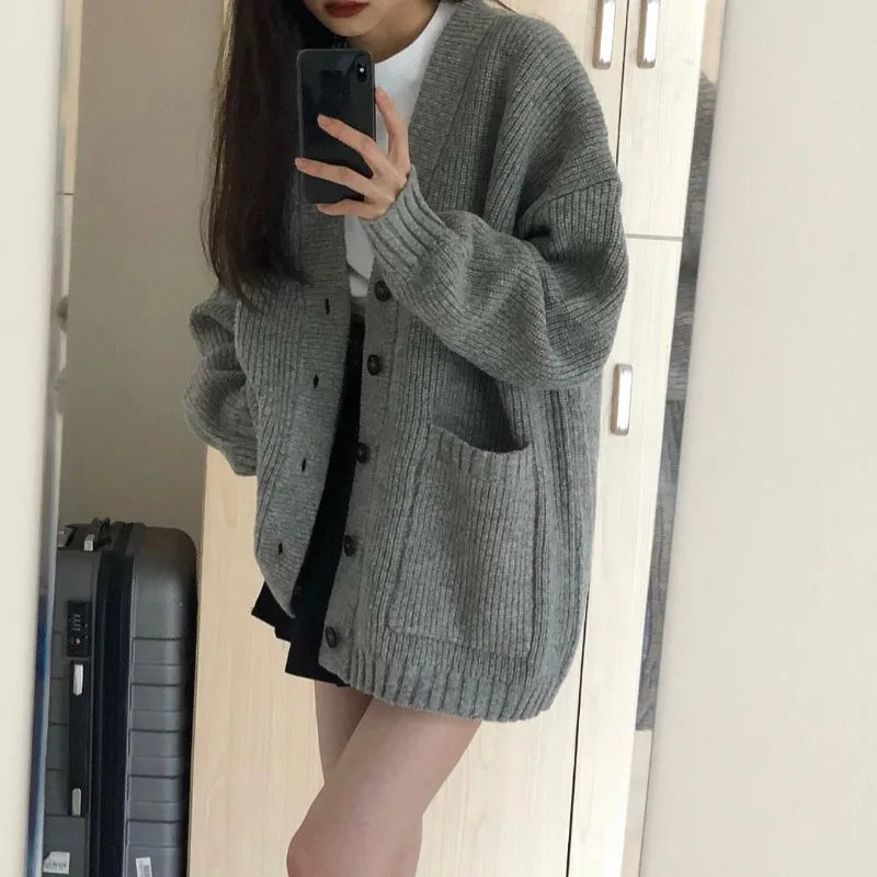 Autumn Winter Women Cardigan Sweater Coats Fashion Female Long Sleeve V-neck Loose Knitted Jackets Casual Sweater Cardigans - Tasawoq