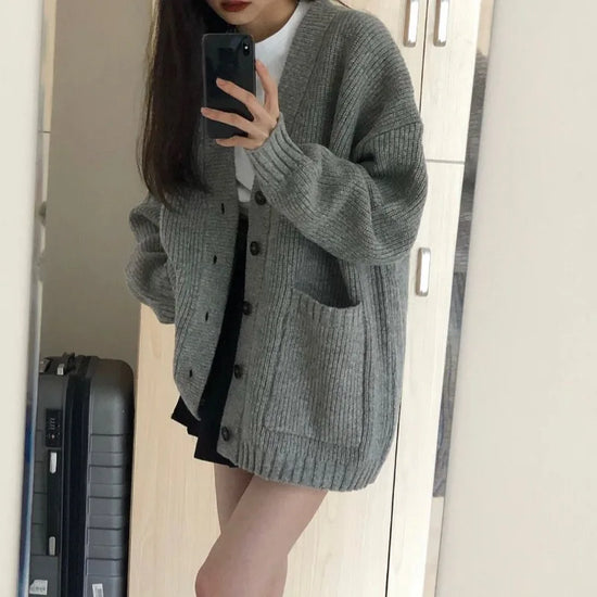Autumn Winter Women Cardigan Sweater Coats Fashion Female Long Sleeve V-neck Loose Knitted Jackets Casual Sweater Cardigans - Tasawoq