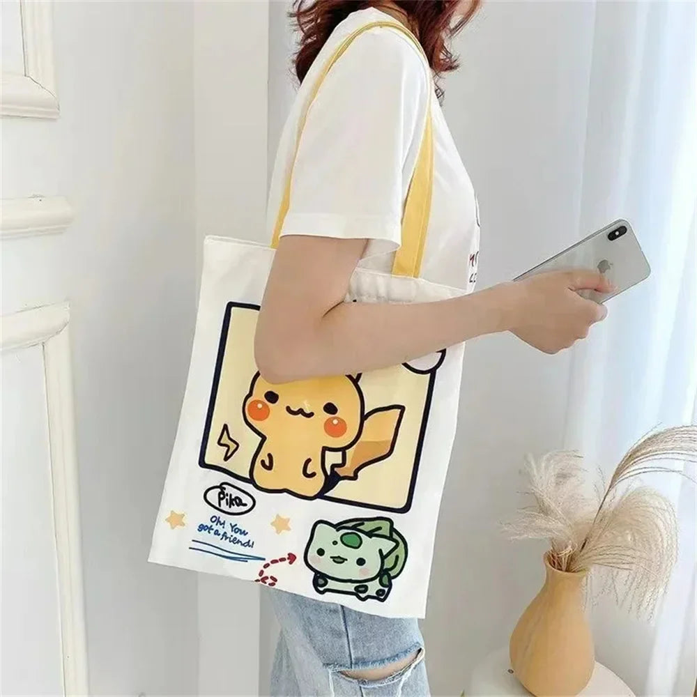 Anime Pokemon Pikachu Canvas Shoulder Bags Psyduck Squirtle Ladies Casual Handbag Reusable Large Capacity Women Shopping Bag - Tasawoq