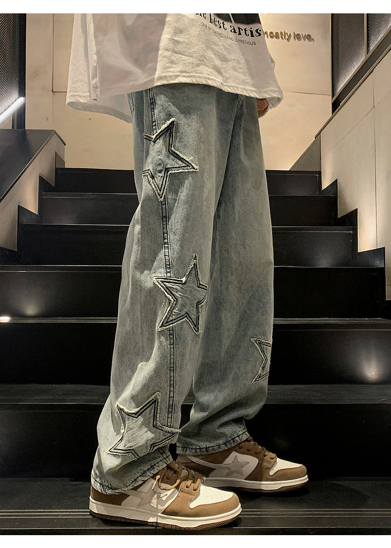 Star Embroidery Straight Casual Men Jeans Gothic Neutral New Wide Leg Loose Hip-hop Fashion Youth Streetwear Denim Trousers Y2K - Tasawoq