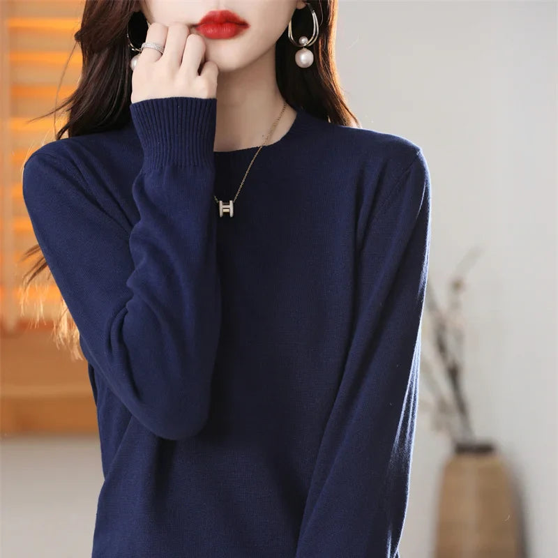 Women's 100% High-quality Cotton Knitted Sweater, Temperament Round Neck Top, Breathable And Versatile Pullover, Long Sleeved - Tasawoq