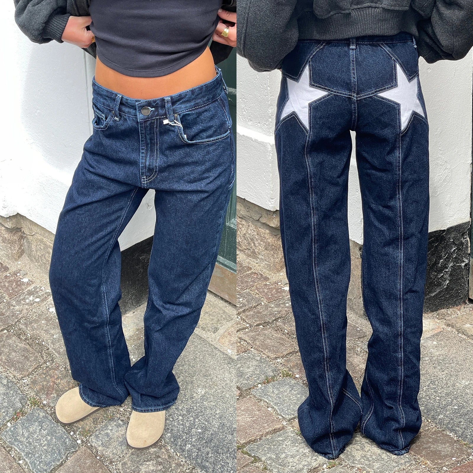 Combhasaki Women's Y2K Vintage Jeans Aesthetic Star Pattern Print Loose Straight Leg Denim Long Pants Casual Low Waist Trousers - Tasawoq