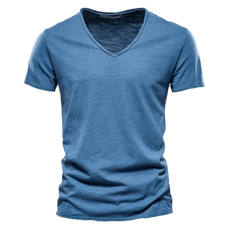 AIOPESON 100% Cotton Men T-shirt V-neck Fashion Design Slim Fit Soild T-shirts Male Tops Tees Short Sleeve T Shirt For Men - Tasawoq