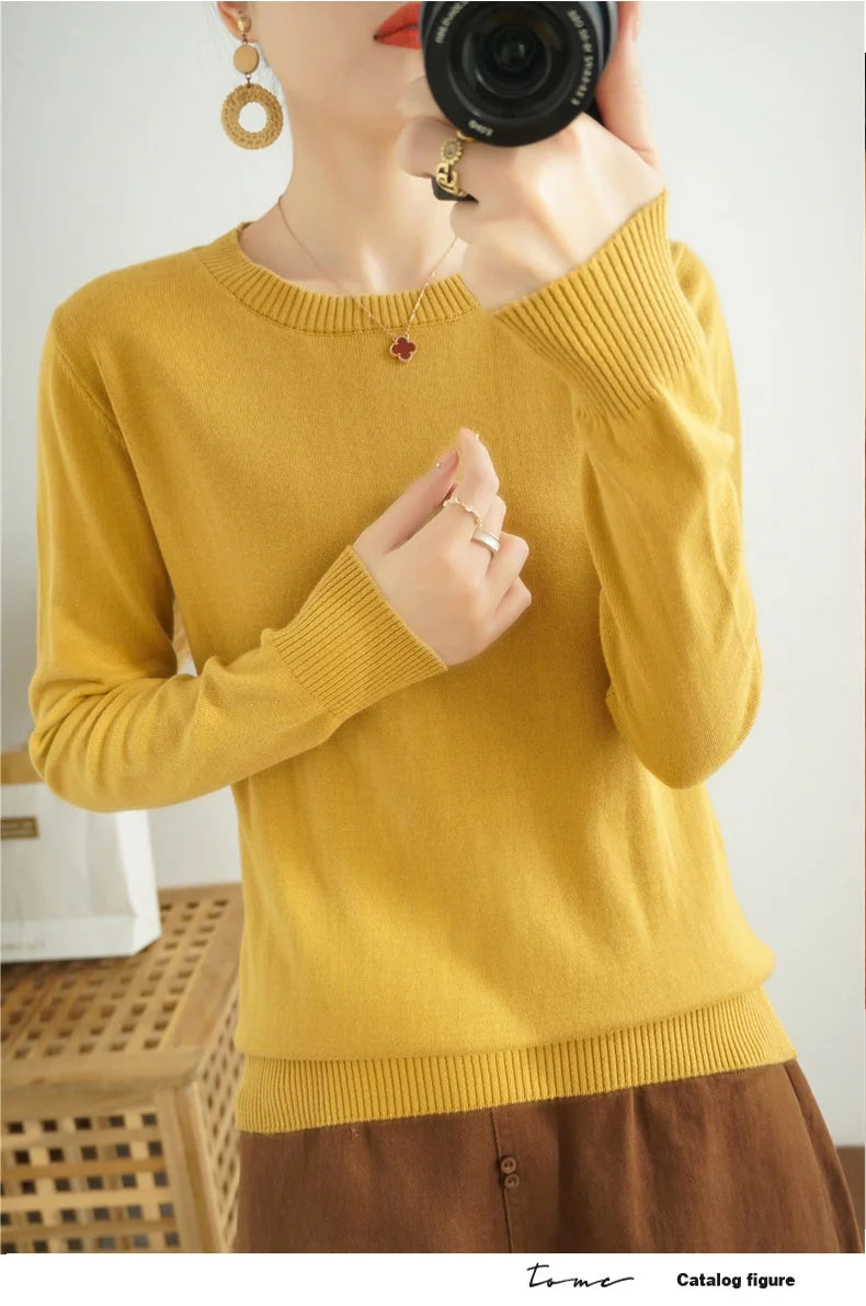 Women's 100% High-quality Cotton Knitted Sweater, Temperament Round Neck Top, Breathable And Versatile Pullover, Long Sleeved - Tasawoq