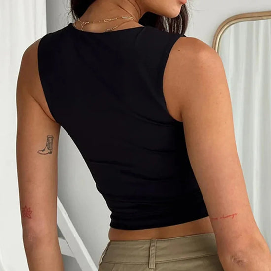 Sleeveless Collar Crop Top Women Tank Tops Casual Y2K Summer 2024 Black T Shirts Sexy - Tasawoq
