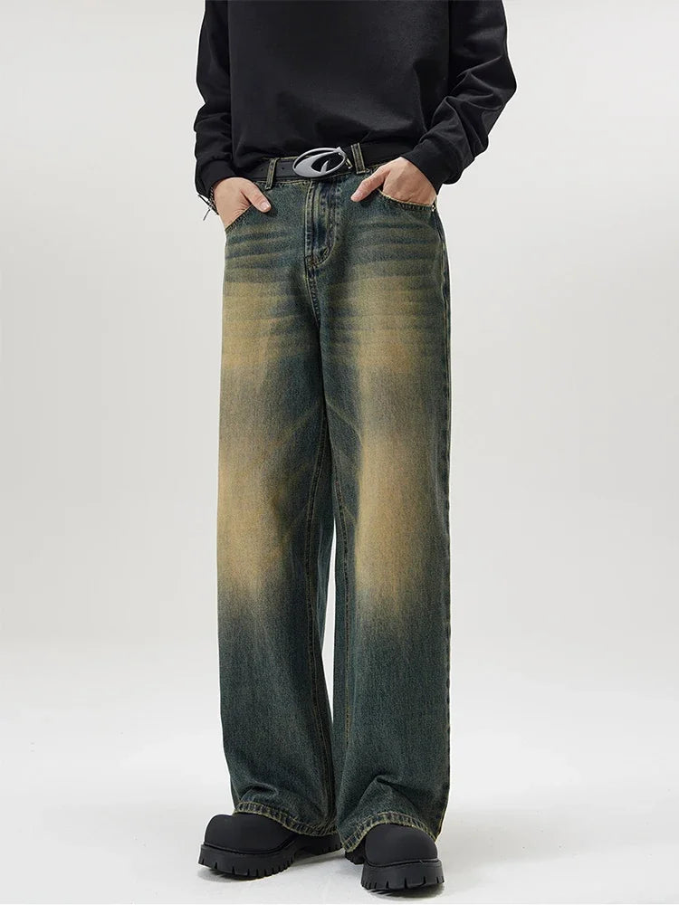 4 Colors Autumn Vintage Distressed Men's Baggy Straight Jeans Fashion Korean High Street Denim Pants Streetwear Male Trousers - Tasawoq