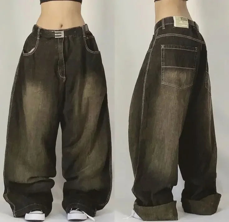 2024 New American Trend Retro Hip-hop Embroidery Pattern Baggy Jeans For Men And Women Y2K Harajuku Gothic Wide Pants Streetwear - Tasawoq