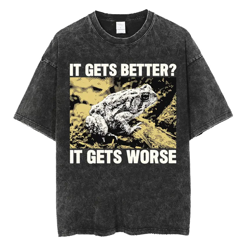 The Horrors Are Never Ending Yet I Remain Silly T-shirt Funny Japanese Style Frog Retro Washed T Shirt Men's Oversized Tees Tops - Tasawoq