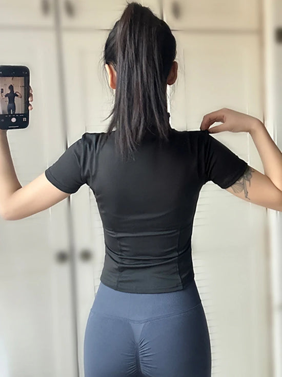 Summer High Quality Waist Slimming Training Tops Women's Quick-drying Tight Stand Collar Full Zipper Short Sleeves Yoga shirts - Tasawoq