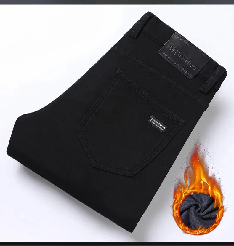 WTHINLEE Winter Men Black Straight Stretch Denim Thick Velvet Pants Warm Jeans Casual Fleece Line Trousers Male Plus Size - Tasawoq