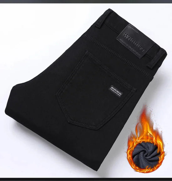 WTHINLEE Winter Men Black Straight Stretch Denim Thick Velvet Pants Warm Jeans Casual Fleece Line Trousers Male Plus Size - Tasawoq