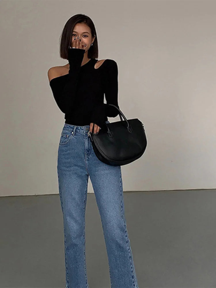 Fashion Skew Collar Off-shoulder Long-sleeved T-shirts Women Spring New Solid Slim Fit Crop Top Sexy Hollow Out Tees Shirts - Tasawoq
