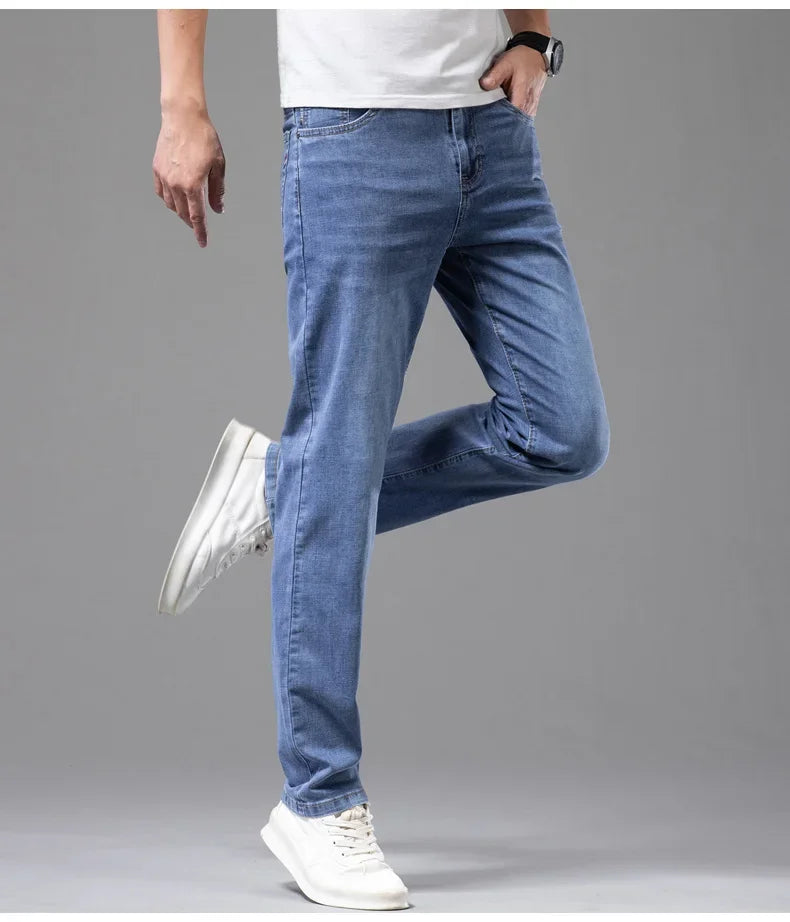 Summer Thin Men's Elastic Cotton Jeans Fashion Gray Comfortable Business Straight Casual Pants Brand Male Clothes Trousers - Tasawoq