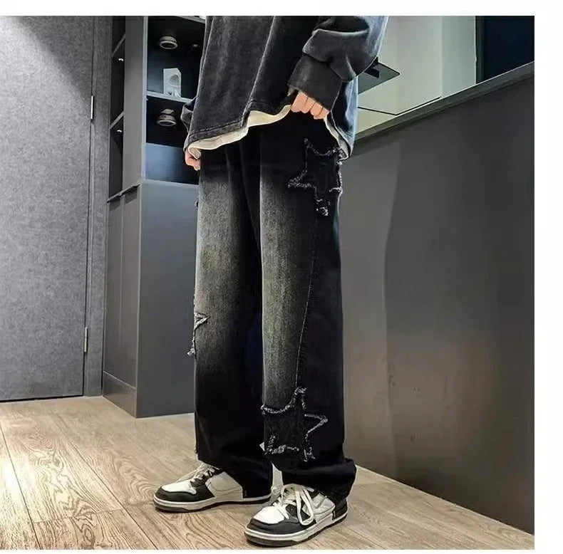 Stars Patchwork Men Jeans New Fashion Y2K Tassel Pants Korea Clothes Straight Hip Hop Splicing Trousers Male Streetwear - Tasawoq