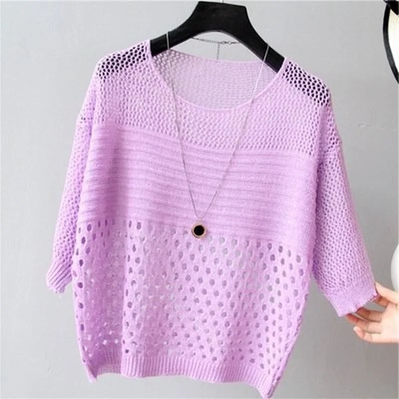 Spring and Summer New Ice Silk Knitted Vest Top Hollow Out Thin Bottoming Sling Streetwear Womens Clothing White Shirt 13686 - Tasawoq