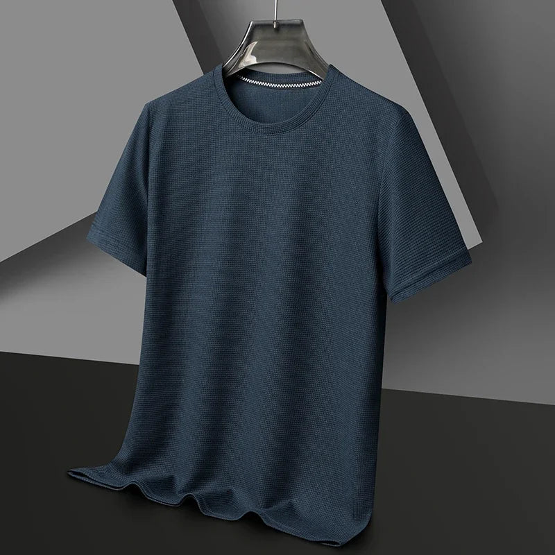 New Summer Waffle Round Neck Short Sleeved T-shirt for Men's Short Sleeved Top - Tasawoq