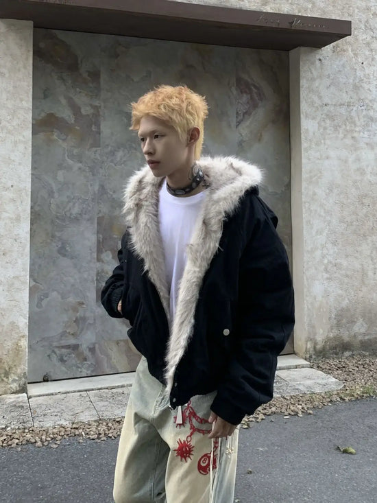 American Retro Woolen Collar Hooded Cotton Jacket Winter Thick Plush Top Men Street Hip-Hop Gothic Harajuku Oversize Jacket Coat - Tasawoq