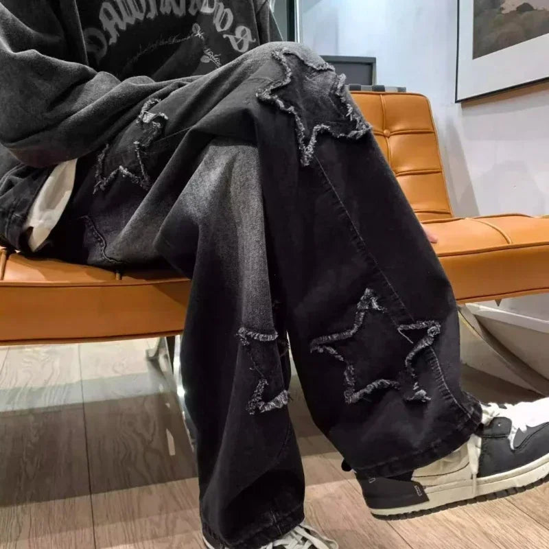 Stars Patchwork Men Jeans New Fashion Y2K Tassel Pants Korea Clothes Straight Hip Hop Splicing Trousers Male Streetwear - Tasawoq