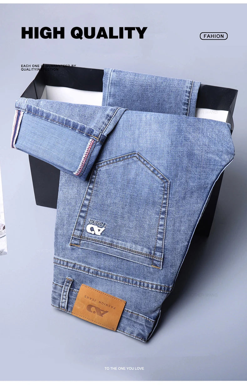 Spring Men's Light Blue Slim Jeans Stylish Casual Stretch Fabric Denim Pants Classic Trousers Smoke Gray - Tasawoq