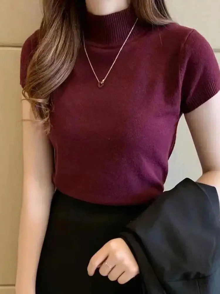 Women's Half-High Neck T-Shirt Fashion Jumper Casual Tops Korean Style Elegant Solid-Coloured Clothing Spring And Summer Season - Tasawoq