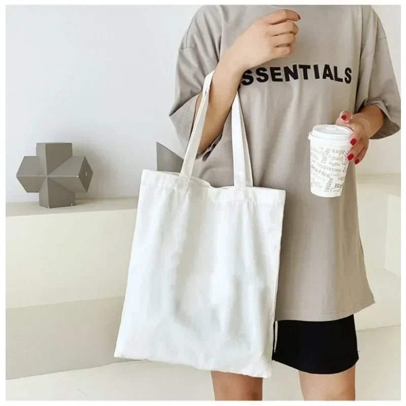 Large Capacity Black White Canvas Shoulder Tote Bag Folding Eco Cotton Handbag Reusable DIY Shoulder Bag Shopping Bag - Tasawoq