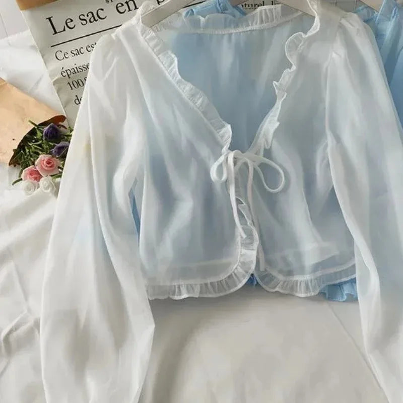 Women Thin Casual Lace Bow Summer Sun Protection Clothes Female Cardigan Shirt Clothing Tops Blouse For Woman - Tasawoq
