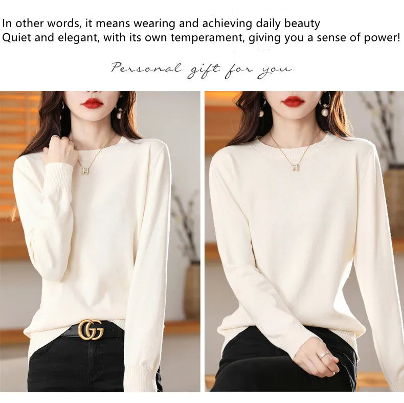 Women's 100% High-quality Cotton Knitted Sweater, Temperament Round Neck Top, Breathable And Versatile Pullover, Long Sleeved - Tasawoq