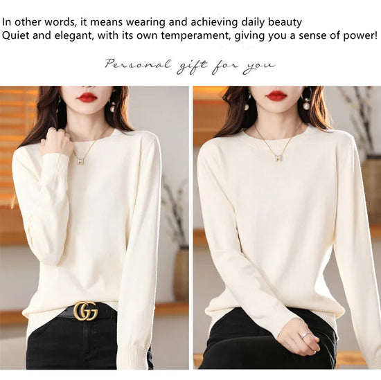 Women's 100% High-quality Cotton Knitted Sweater, Temperament Round Neck Top, Breathable And Versatile Pullover, Long Sleeved - Tasawoq