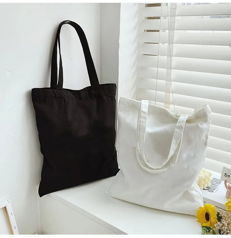 Large Capacity Black White Canvas Shoulder Tote Bag Folding Eco Cotton Handbag Reusable DIY Shoulder Bag Shopping Bag - Tasawoq