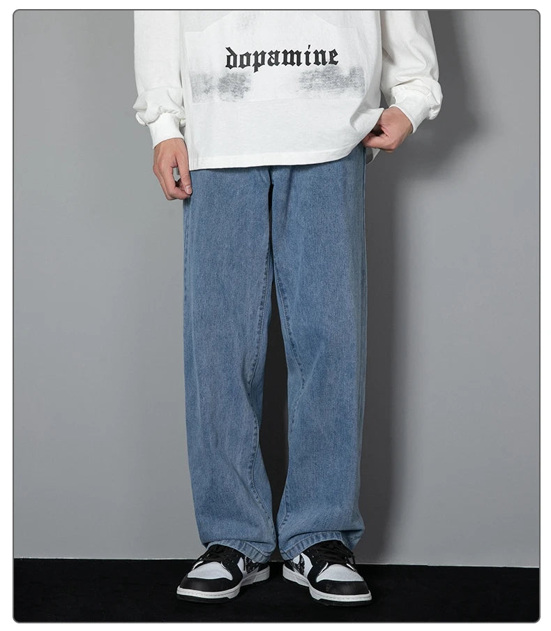 2025 New Korean Men's Casual Long Jeans Classic Man Straight Denim Wide-leg Pants Solid Color Light Blue Grey Black - Tasawoq