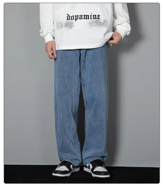 2025 New Korean Men's Casual Long Jeans Classic Man Straight Denim Wide-leg Pants Solid Color Light Blue Grey Black - Tasawoq