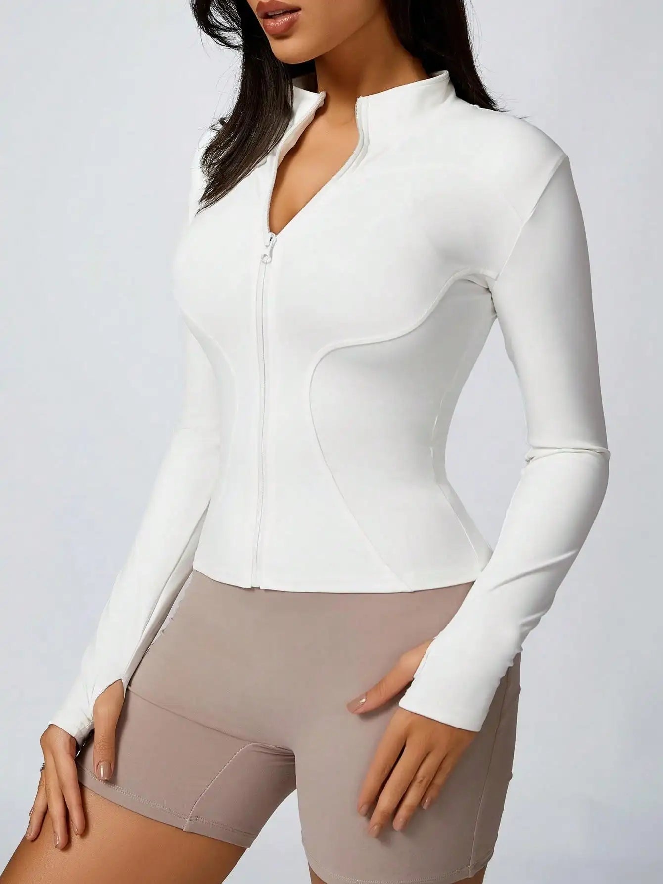 Women's Solid Color Zipper Turtleneck Sports Jacket, Long-Sleeved Sports Top, Gym Wear, Ladies' Sportswear for Indoor and Outdoo - Tasawoq
