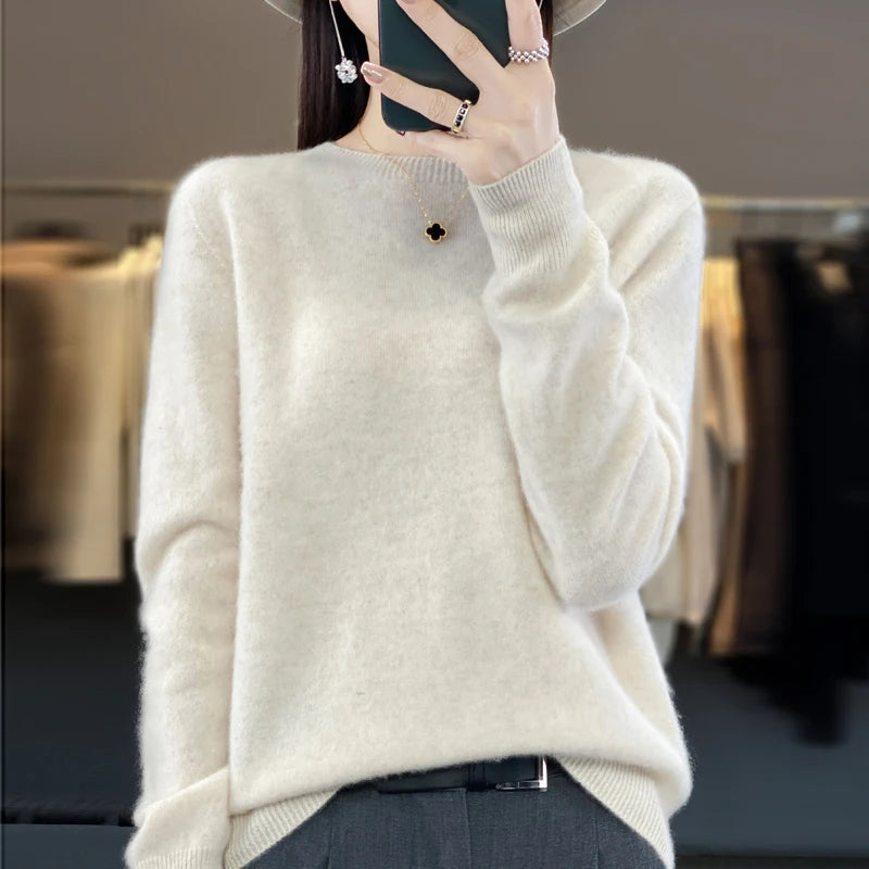 Women's 100% Beautiful Wool Round Neck Top Fashion Versatile Knitted Loose Long Sleeve Pullover Thin Sweater Yuan Ling - Tasawoq