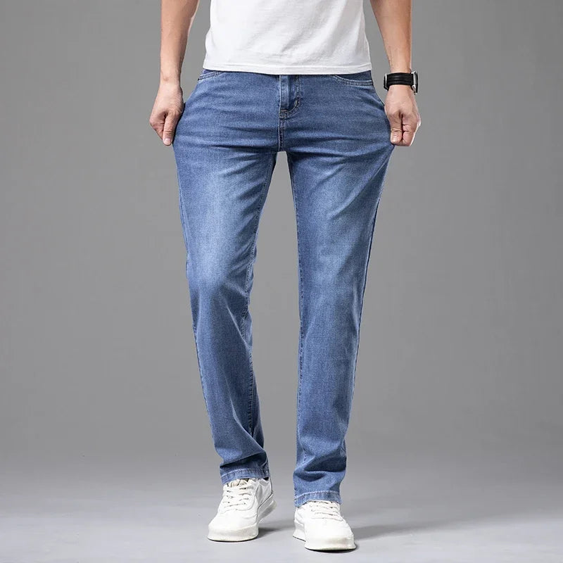 Summer Thin Men's Elastic Cotton Jeans Fashion Gray Comfortable Business Straight Casual Pants Brand Male Clothes Trousers - Tasawoq