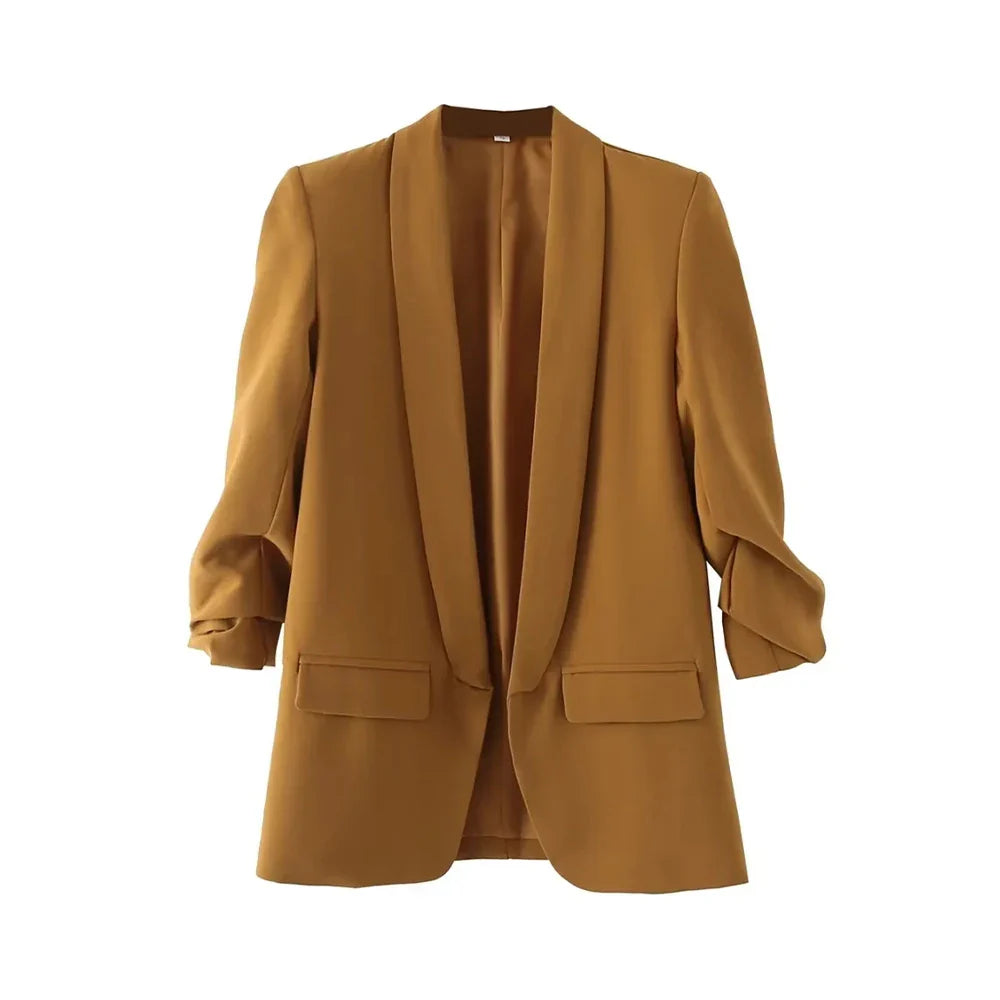 TRZA Women Fashion Office Wear Open Blazer Coat Vintage Long Pleated Sleeves Flap Pockets Female Outerwear Chic Tops - Tasawoq