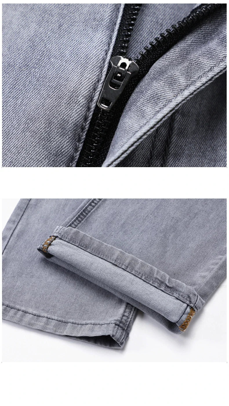 Summer Thin Men's Elastic Cotton Jeans Fashion Gray Comfortable Business Straight Casual Pants Brand Male Clothes Trousers - Tasawoq